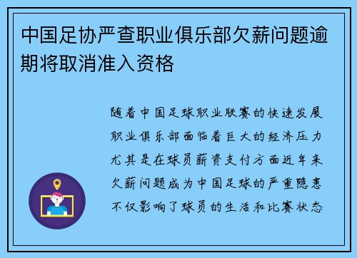 中国足协严查职业俱乐部欠薪问题逾期将取消准入资格