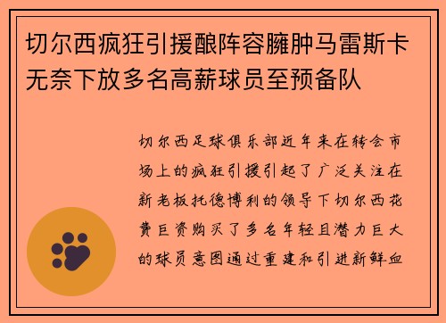 切尔西疯狂引援酿阵容臃肿马雷斯卡无奈下放多名高薪球员至预备队